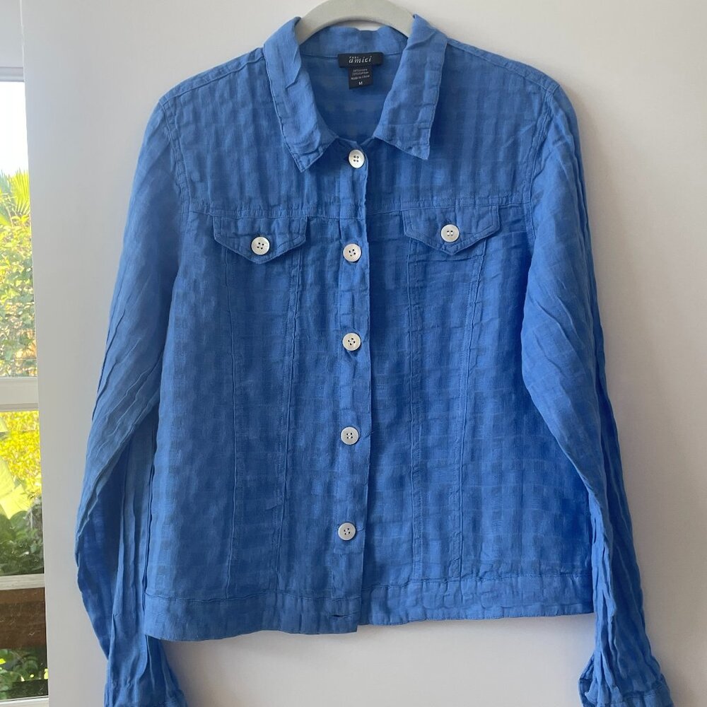 Pure Amici Blue Linen Button Down Top with Front Pockets, Long-Sleeve, Size M